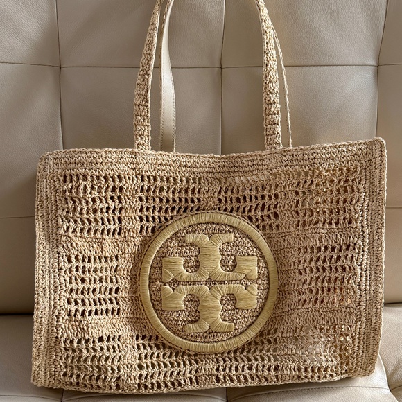 Authentic Tory Burch Womens Ella Large Natural Raffia Crochet Tote Bag - Picture 4 of 9